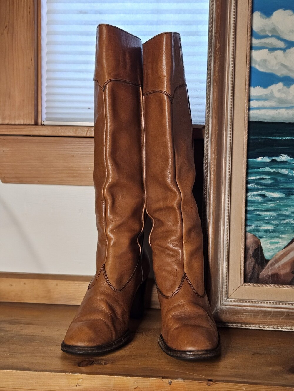 70's Italian Cognac Leather Knee High Riding Heeled Boots *flawed* - Picture 5 of 16
